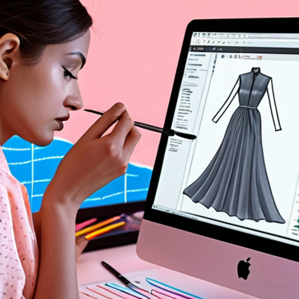 **Prompt:** A fashion designer intensely sketching a dress design, illuminated by the soft glow of a computer screen displaying complex data analytics. Graphs showing sales trends and customer preferences are visible in the background, blending seamlessly with the creative process. Emphasis on the fusion of artistic intuition and data-driven strategy in modern fashion design. Pastel color palette, digital painting.