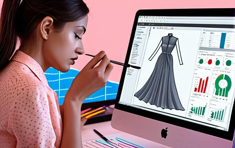 **Prompt:** A fashion designer intensely sketching a dress design, illuminated by the soft glow of a computer screen displaying complex data analytics. Graphs showing sales trends and customer preferences are visible in the background, blending seamlessly with the creative process. Emphasis on the fusion of artistic intuition and data-driven strategy in modern fashion design. Pastel color palette, digital painting.
