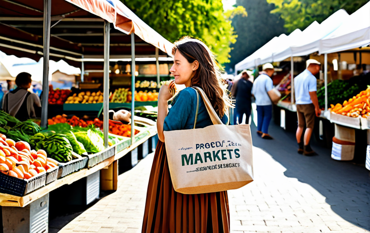 Sustainable Fashion**

A young woman in a stylish, earth-toned outfit made from recycled materials, walking through a vibrant, eco-friendly farmers market. The scene is bathed in warm, natural sunlight. She is fully clothed in modest, comfortable attire, carrying a reusable tote bag filled with fresh produce. Safe for work, appropriate content, professional, family-friendly, perfect anatomy, correct proportions, natural pose, well-formed hands, proper finger count, natural body proportions, high-quality, detailed background.

**