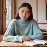 패션디자인과 패션드레이핑 - **A young female fashion student finding inspiration in everyday beauty.** She is sitting at a sunli...