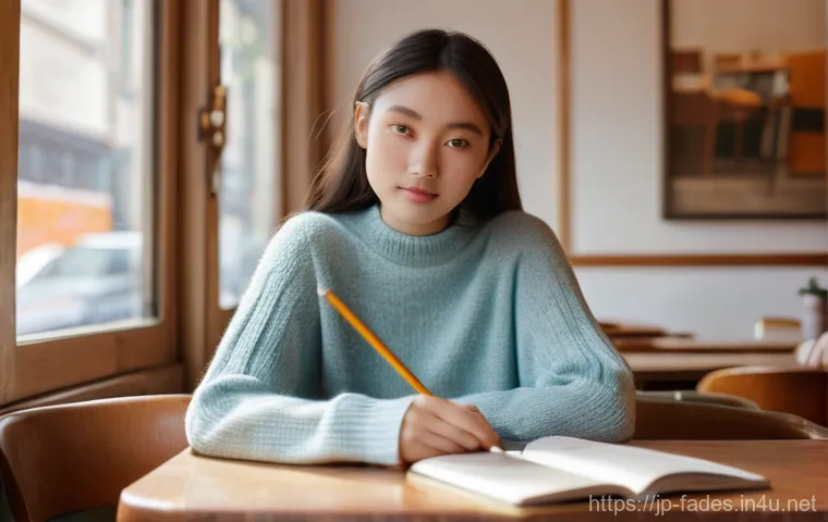 패션디자인과 패션드레이핑 - **A young female fashion student finding inspiration in everyday beauty.** She is sitting at a sunli...