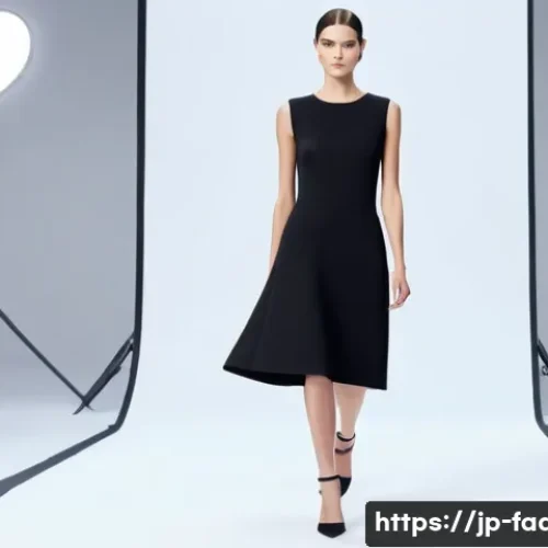 패션디자인과 브랜드 히스토리 - A sophisticated fashion runway scene showcasing a female model wearing a chic, minimalist black dres...