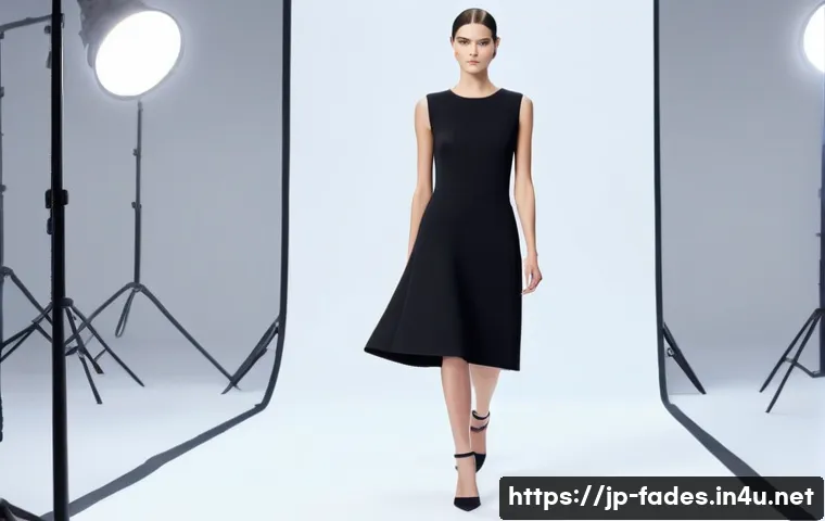 패션디자인과 브랜드 히스토리 - A sophisticated fashion runway scene showcasing a female model wearing a chic, minimalist black dres...