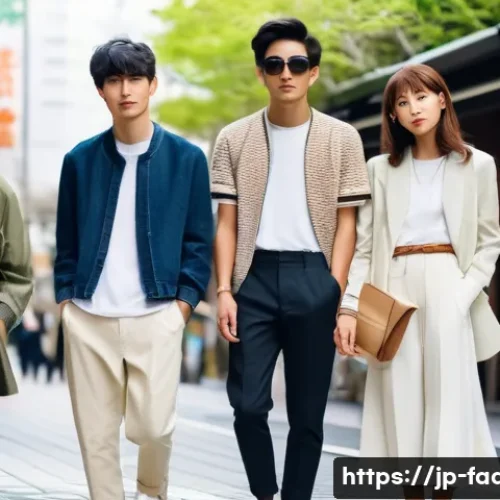 패션디자인과 패션기획서 작성 - A modern Japanese street fashion scene in Tokyo during spring, featuring diverse young adults wearin...