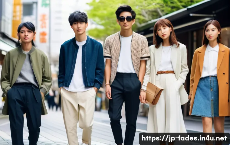 패션디자인과 패션기획서 작성 - A modern Japanese street fashion scene in Tokyo during spring, featuring diverse young adults wearin...