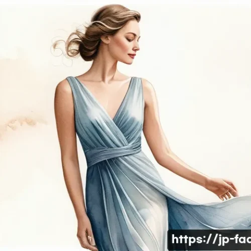 패션 일러스트레이션 - A delicate fashion illustration showcasing a woman wearing a flowing silk dress with realistic textu...