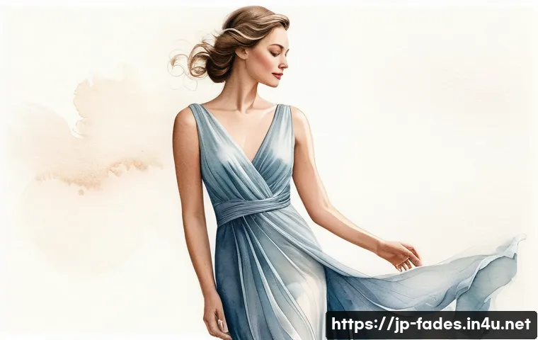 패션 일러스트레이션 - A delicate fashion illustration showcasing a woman wearing a flowing silk dress with realistic textu...