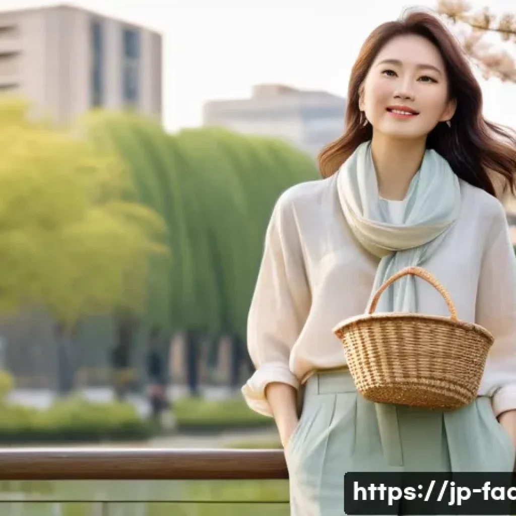 패션디자인과 패션유튜브 - A modern Japanese woman enjoying spring fashion outdoors in an urban park setting, wearing a pastel-...