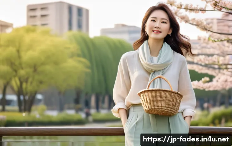 패션디자인과 패션유튜브 - A modern Japanese woman enjoying spring fashion outdoors in an urban park setting, wearing a pastel-...