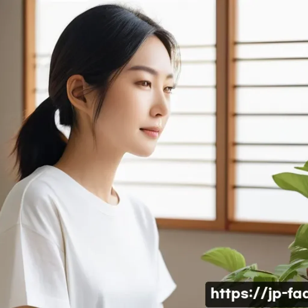 지속가능 패션 브랜드 - A serene fashion studio featuring a Japanese woman with sensitive skin wearing a soft, breathable or...
