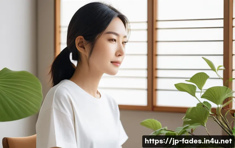 지속가능 패션 브랜드 - A serene fashion studio featuring a Japanese woman with sensitive skin wearing a soft, breathable or...