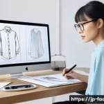 패션 디자인 소프트웨어 - A modern fashion designer's workspace in a sleek studio, showcasing a young Japanese woman using a d...