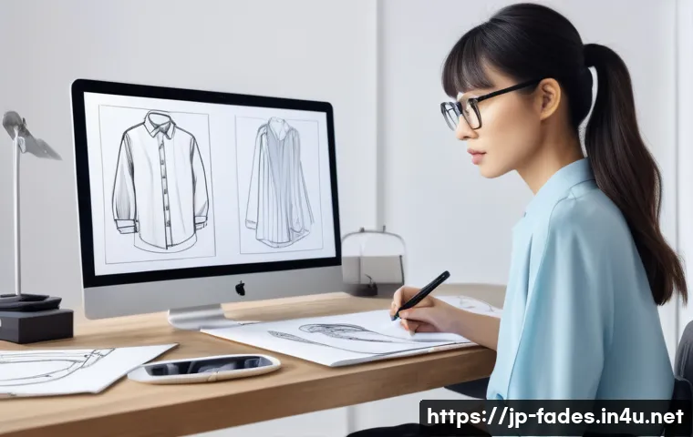 패션 디자인 소프트웨어 - A modern fashion designer's workspace in a sleek studio, showcasing a young Japanese woman using a d...