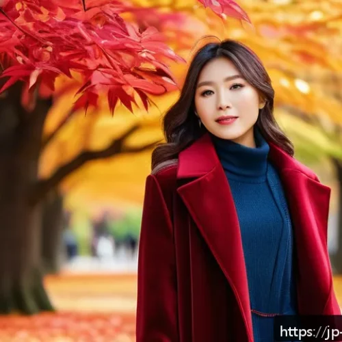 패션디자인 색채학 - A stylish young Japanese woman dressed in a vibrant red velvet coat, exuding warmth and luxury, stan...