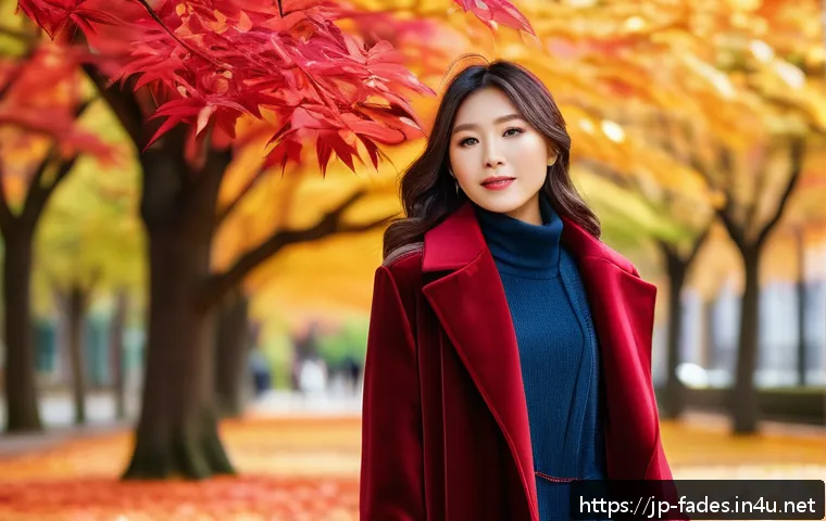 패션디자인 색채학 - A stylish young Japanese woman dressed in a vibrant red velvet coat, exuding warmth and luxury, stan...