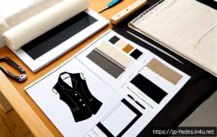패션 포트폴리오 구성법 - Photorealistic fashion designer’s portfolio workspace, neatly arranged blank lookbook pages with ele...