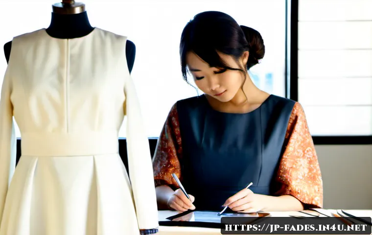 패션디자인과 디지털 패션 - Photorealistic fashion design studio, young Japanese fashion designer in modest contemporary clothin...