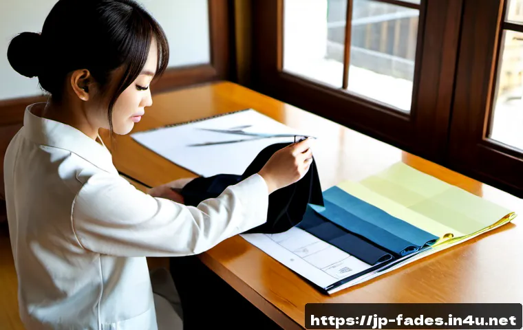 패션디자인과 패션마케팅 기획 - Photorealistic fashion design studio, Japanese young adult designer arranging fabric swatches, garme...