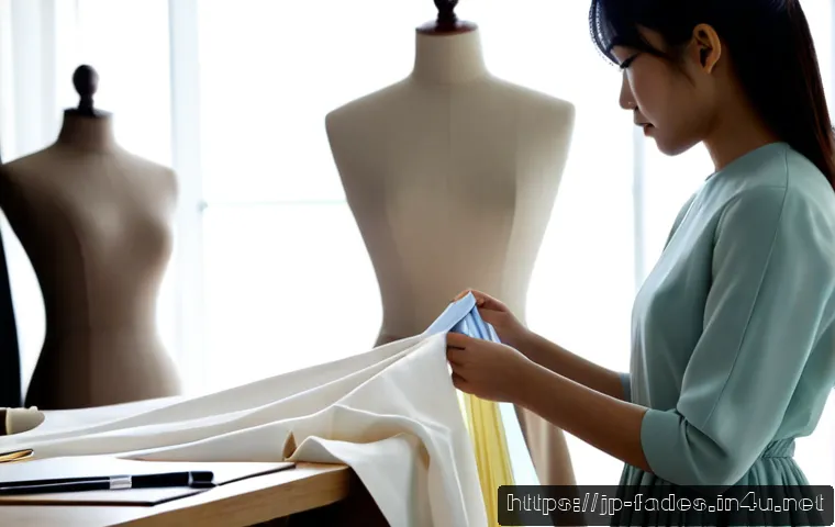 패션디자인과 패션사진 - Photorealistic fashion design studio, a Japanese fashion design student in modest contemporary cloth...