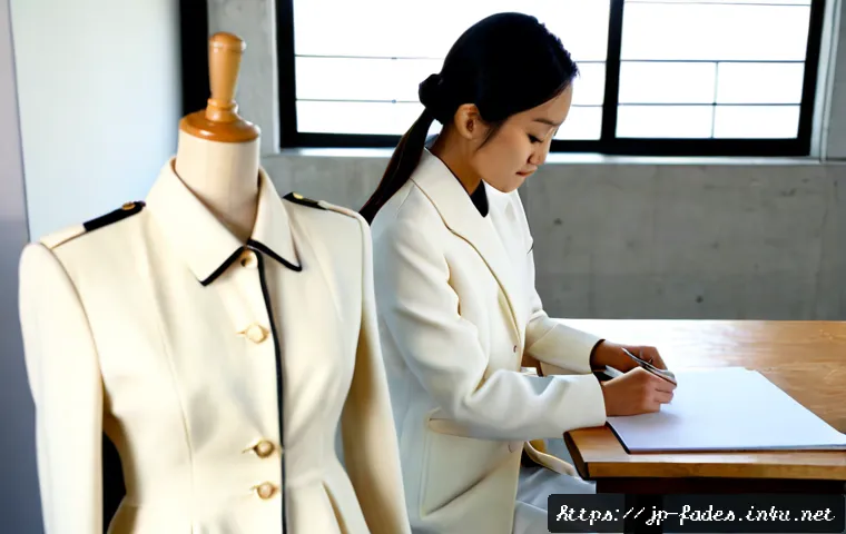 패션디자인과 패션인터뷰 - Photorealistic fashion design studio, Japanese fashion student carefully pinning a structured cream ...